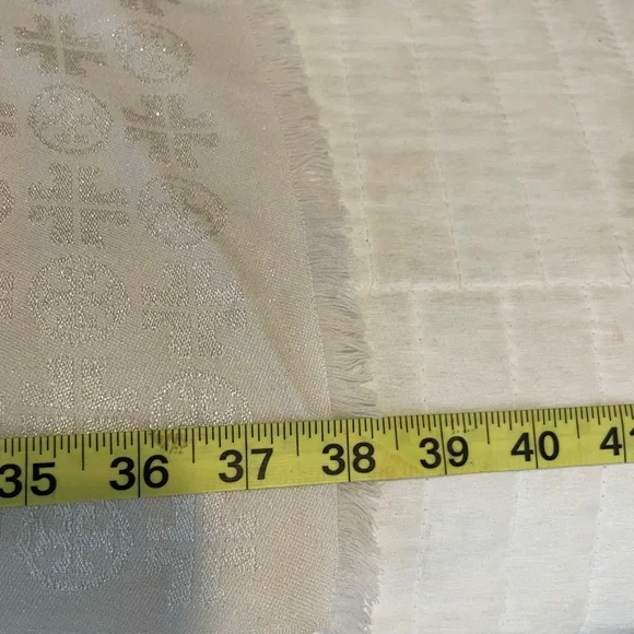 TORY BURCH Jacquard Traveler Scarf In New Ivory Logo Wool Silk Blend 30x76 Wrap - Picture 12 of 15